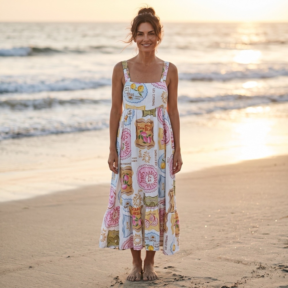 Paper Heart Linen Blend Midi Dress S Amalfi Lemon Citrus Print Pockets Cottage